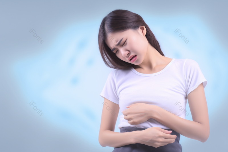 蓝色摄影图家里的女人胃痛的表情,高清,摄影图,摄影图片,图片大全,摄影图免费下载